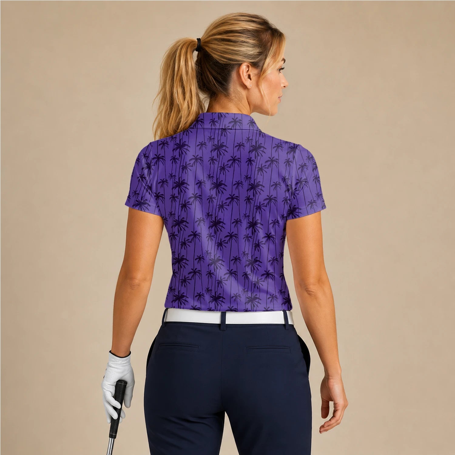 Personalised Purple Palm Tree Silhouette Golf Polo Shirt For Women P3247