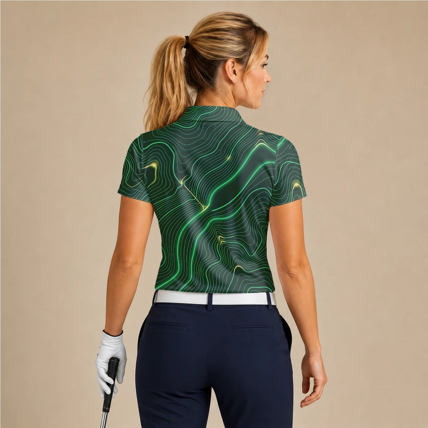 Personalised Green Black Topographic Line Golf Polo Shirt For Women E4992
