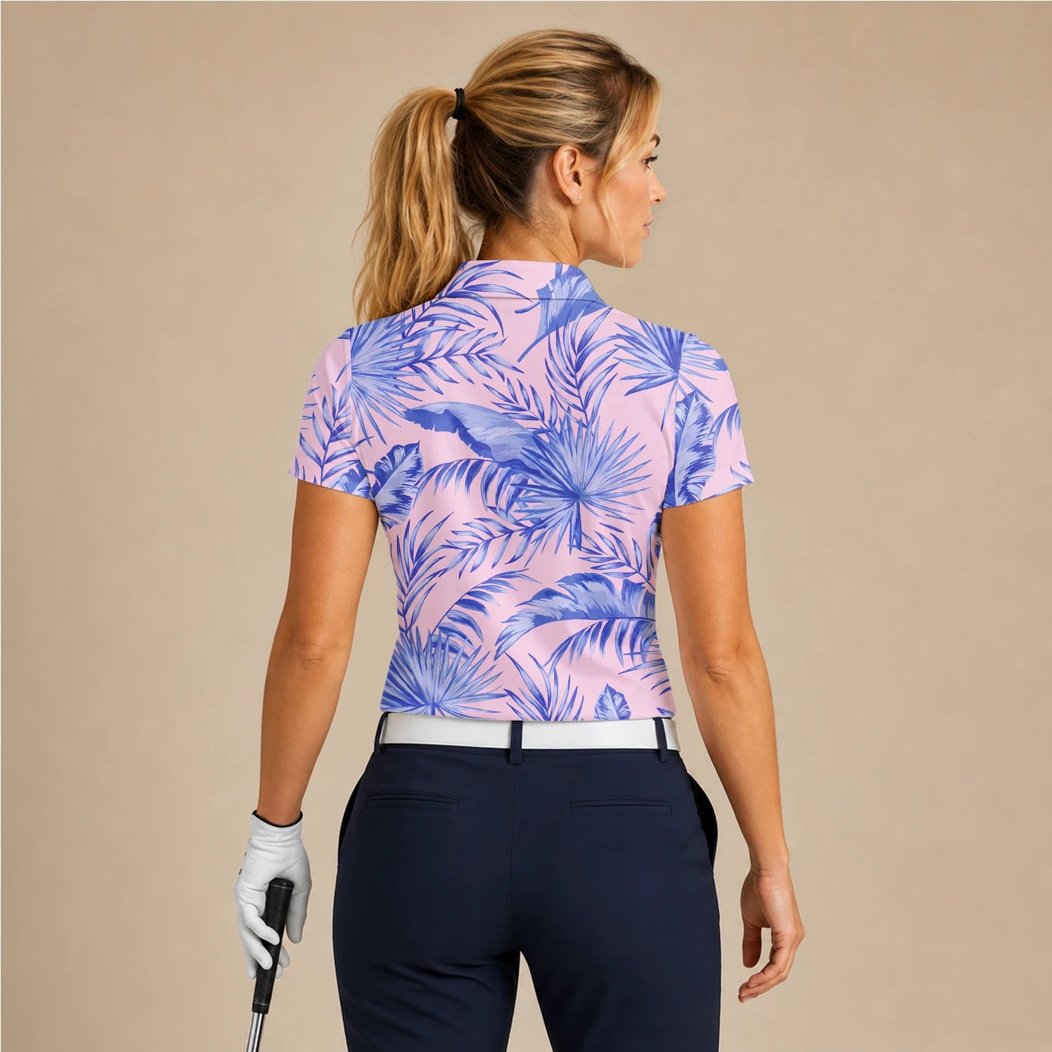 Personalised Pink Lavender Tropical Palm Leaf Golf Polo Shirt For Women M3354