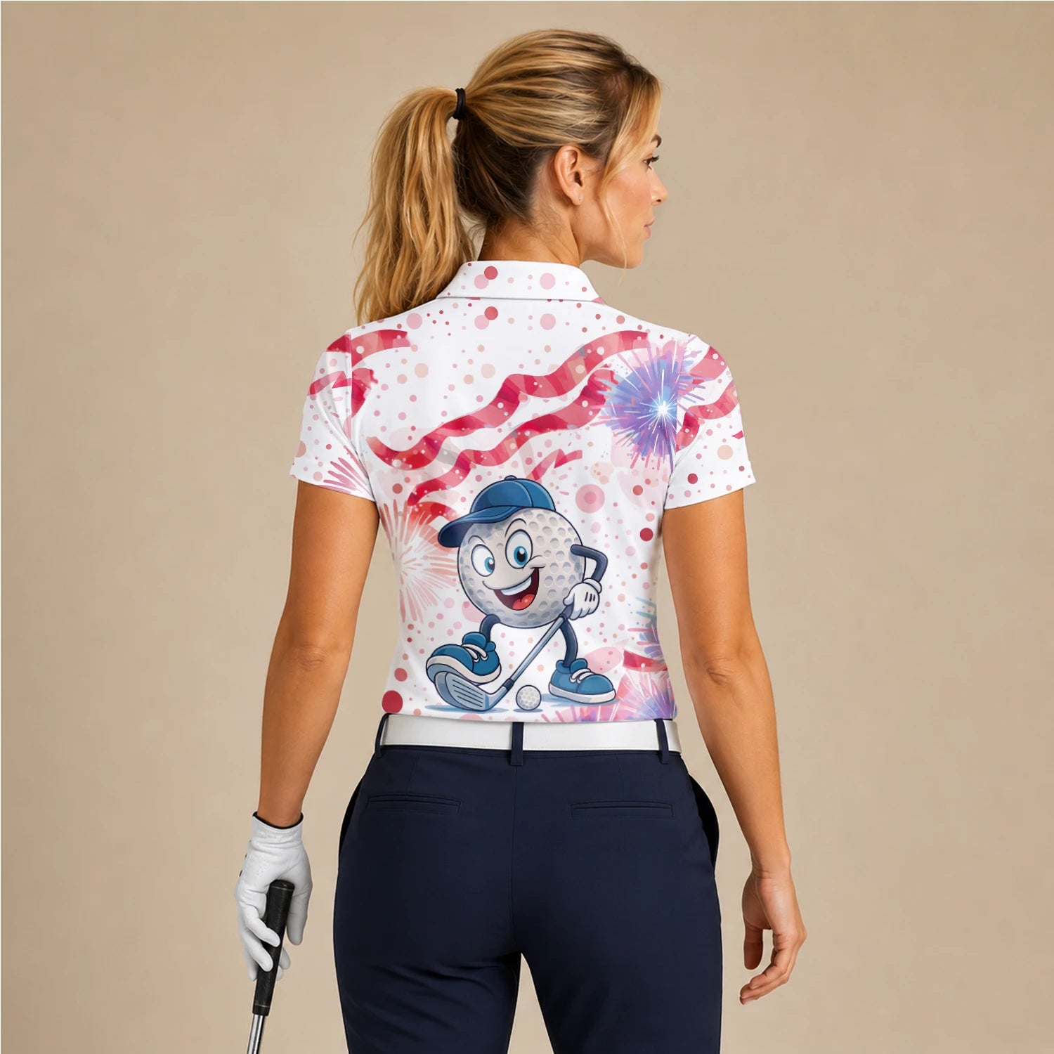 Personalised White Pink Golf Ball Cartoon Firework Golf Polo Shirt For Women C2083