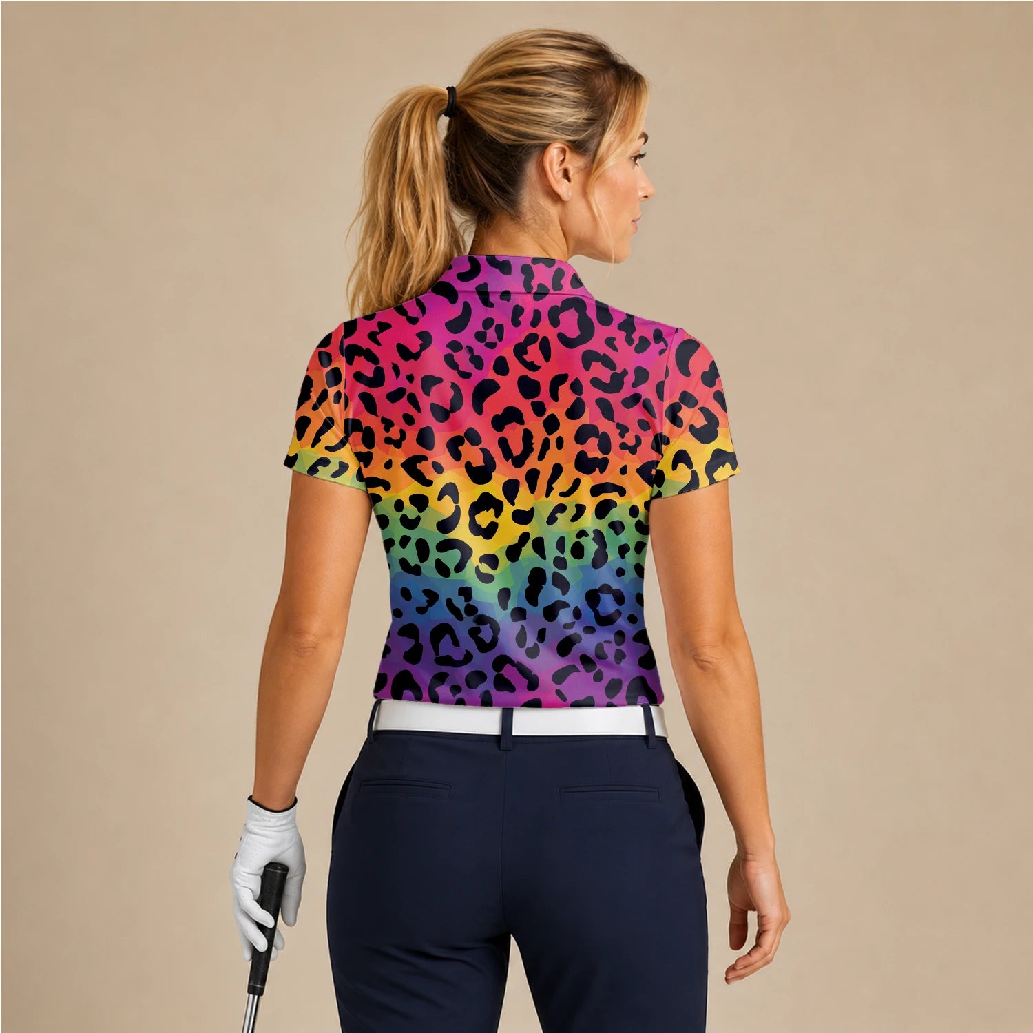 Personalised Rainbow Leopard Print Golf Polo Shirt For Women X1632