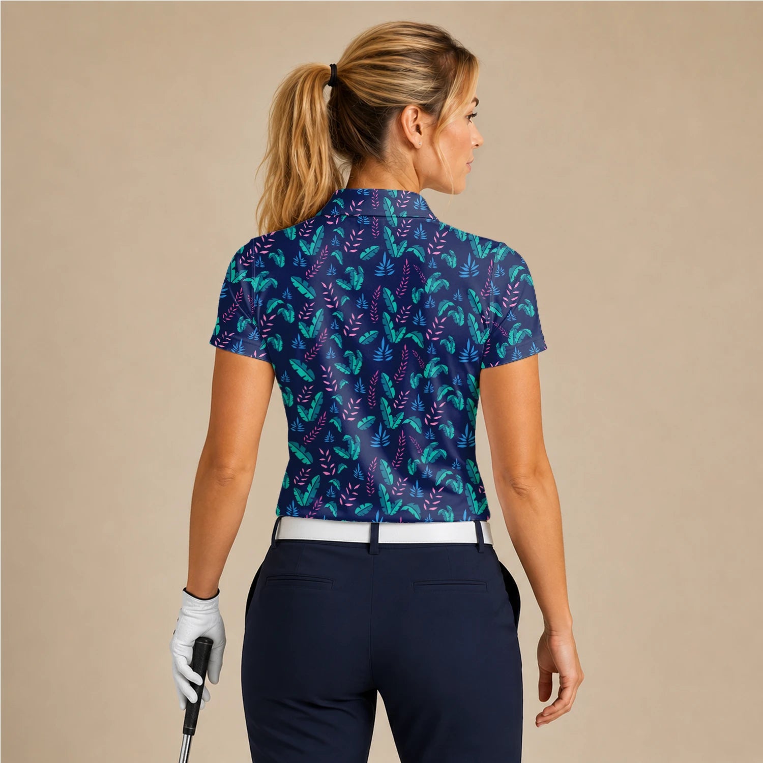 Personalised Navy Teal Tropical Leaf Golf Polo Shirt For Women S8145