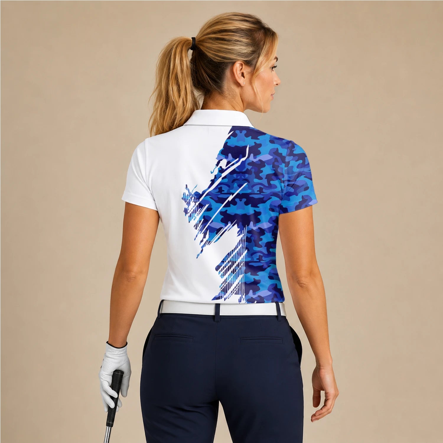 Personalised White Blue Camo Brush Stroke Golf Polo Shirt For Women M3845
