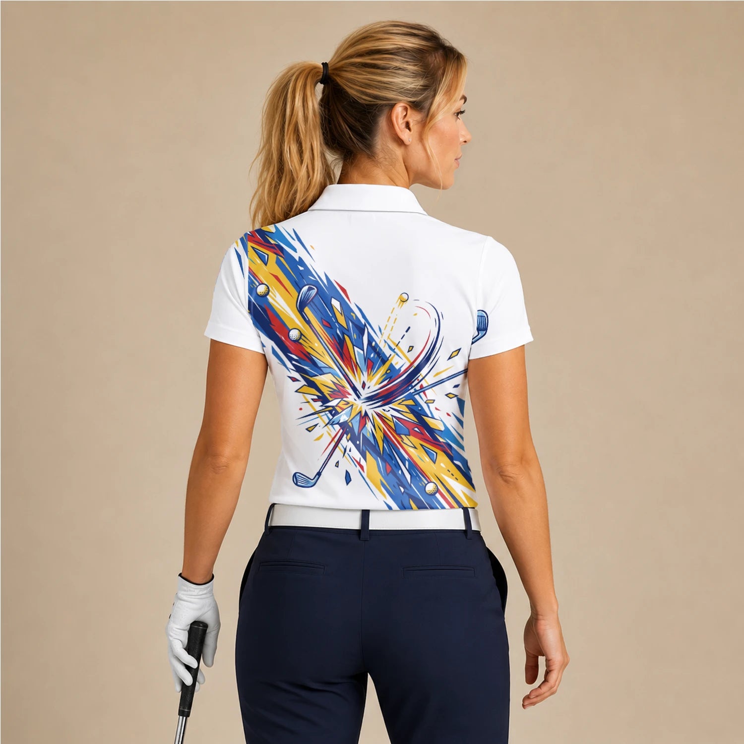 Personalised White Blue Abstract Golf Swing Burst Golf Polo Shirt For Women B2869