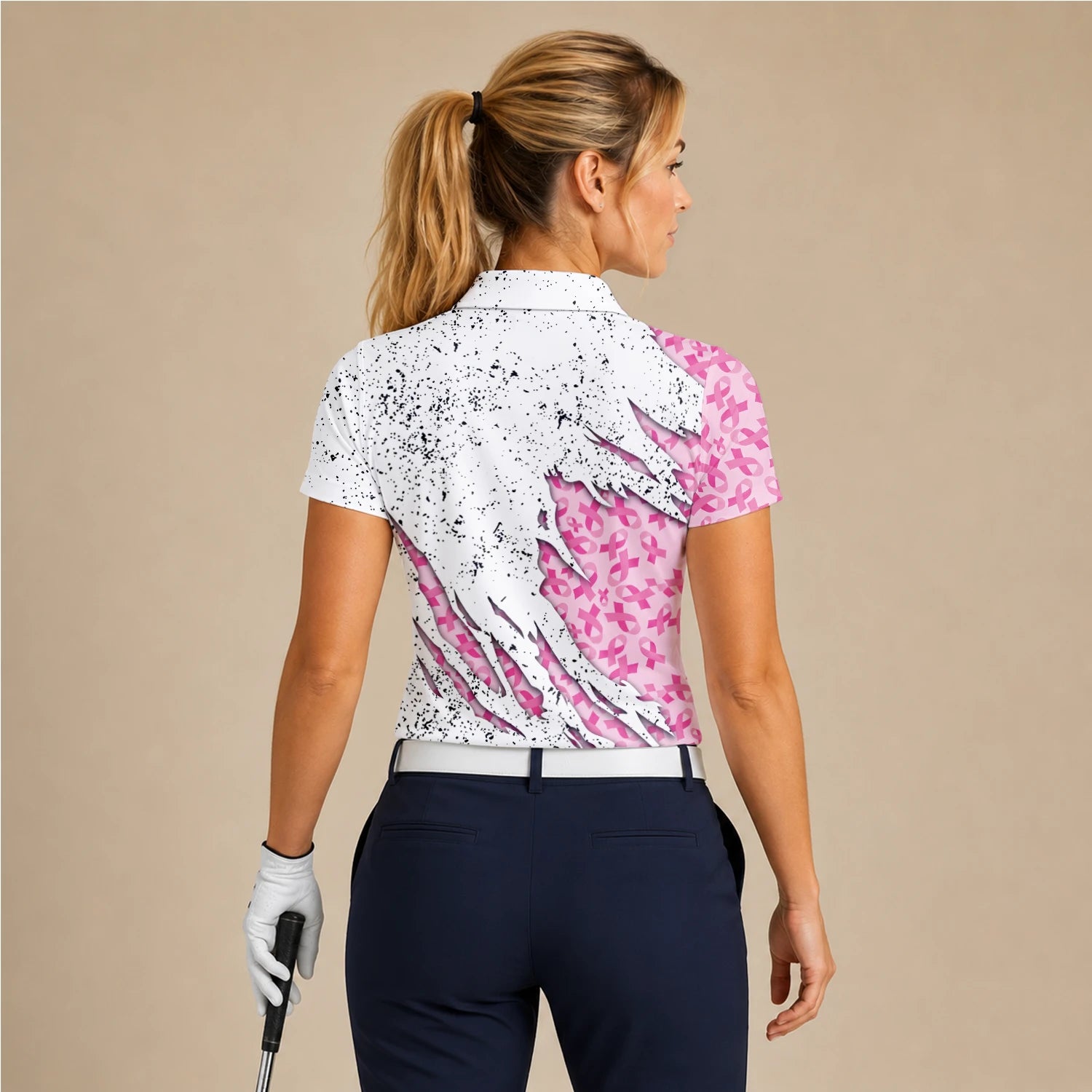 Personalised White Pink Breast Cancer Ribbon Torn Golf Polo Shirt For Women B7190