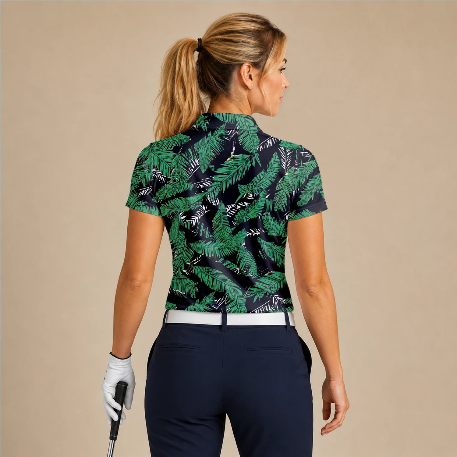 Personalised Black Green Tropical Banana Leaf Golf Polo Shirt For Women K8023