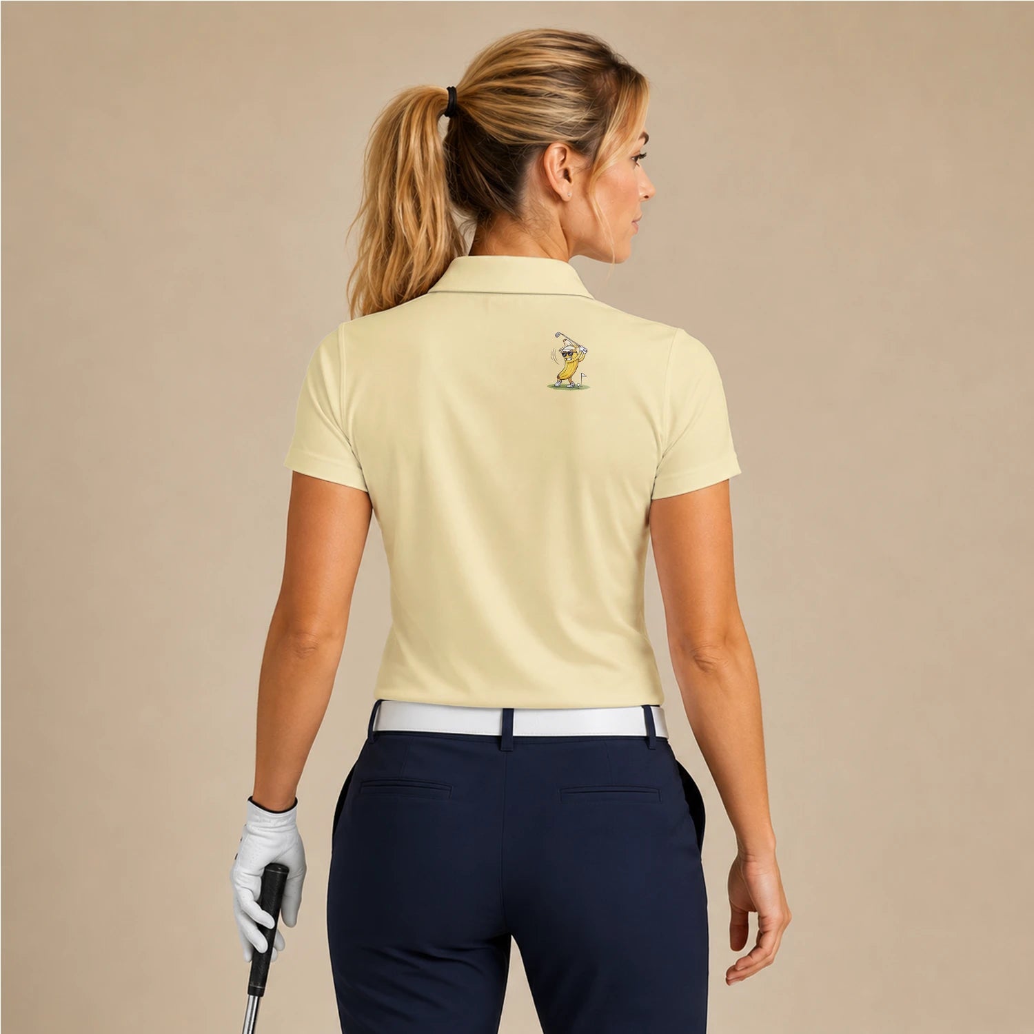 Personalised Pale Yellow Banana Golfer Cartoon Golf Polo Shirt For Women X9847