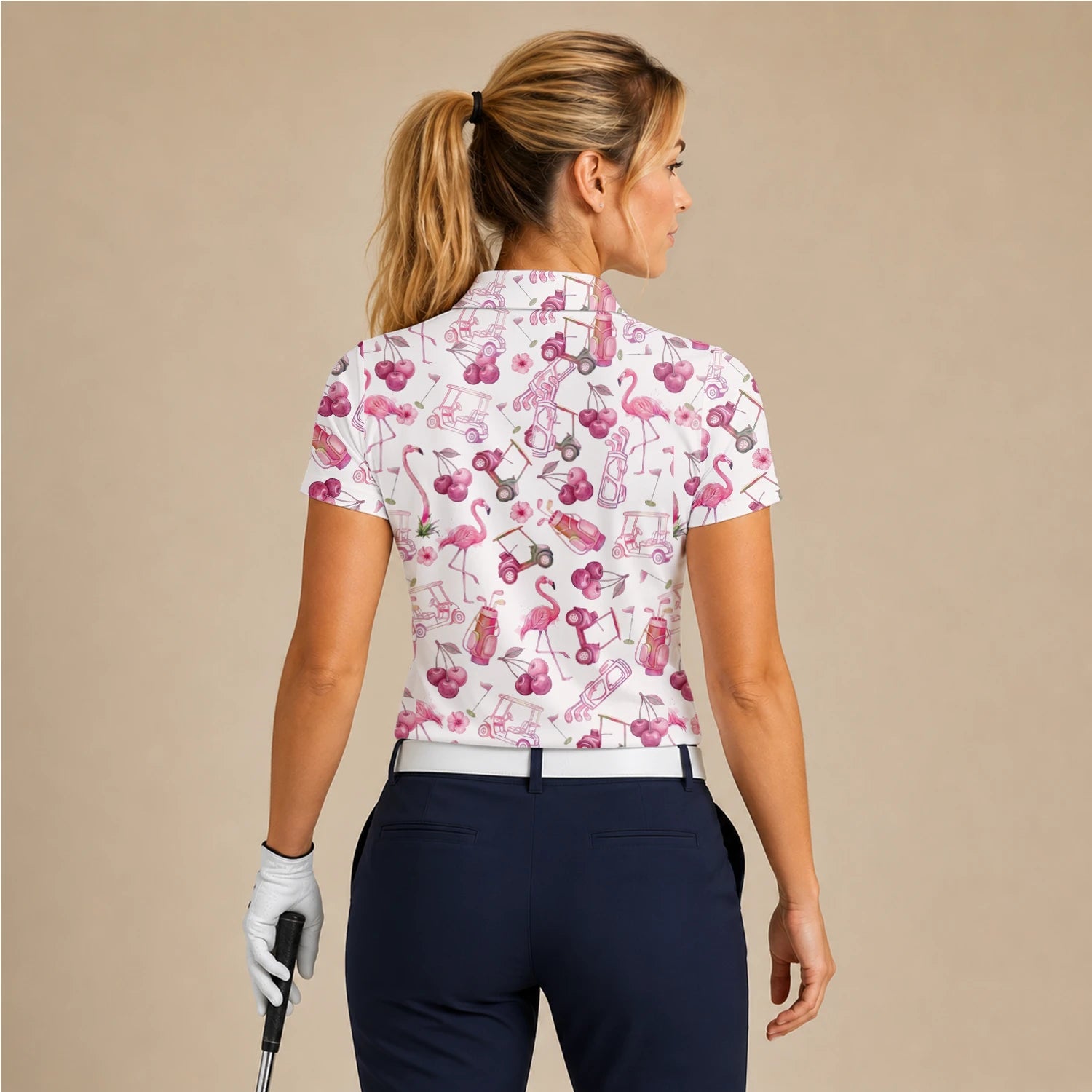 Personalised Cream Pink Flamingo Golf Cart Cocktail Golf Polo Shirt For Women T9296