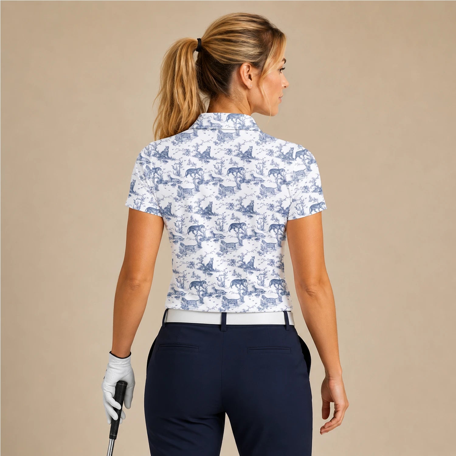 Personalised White Blue Dinosaur Toile Golf Polo Shirt For Women Q4771