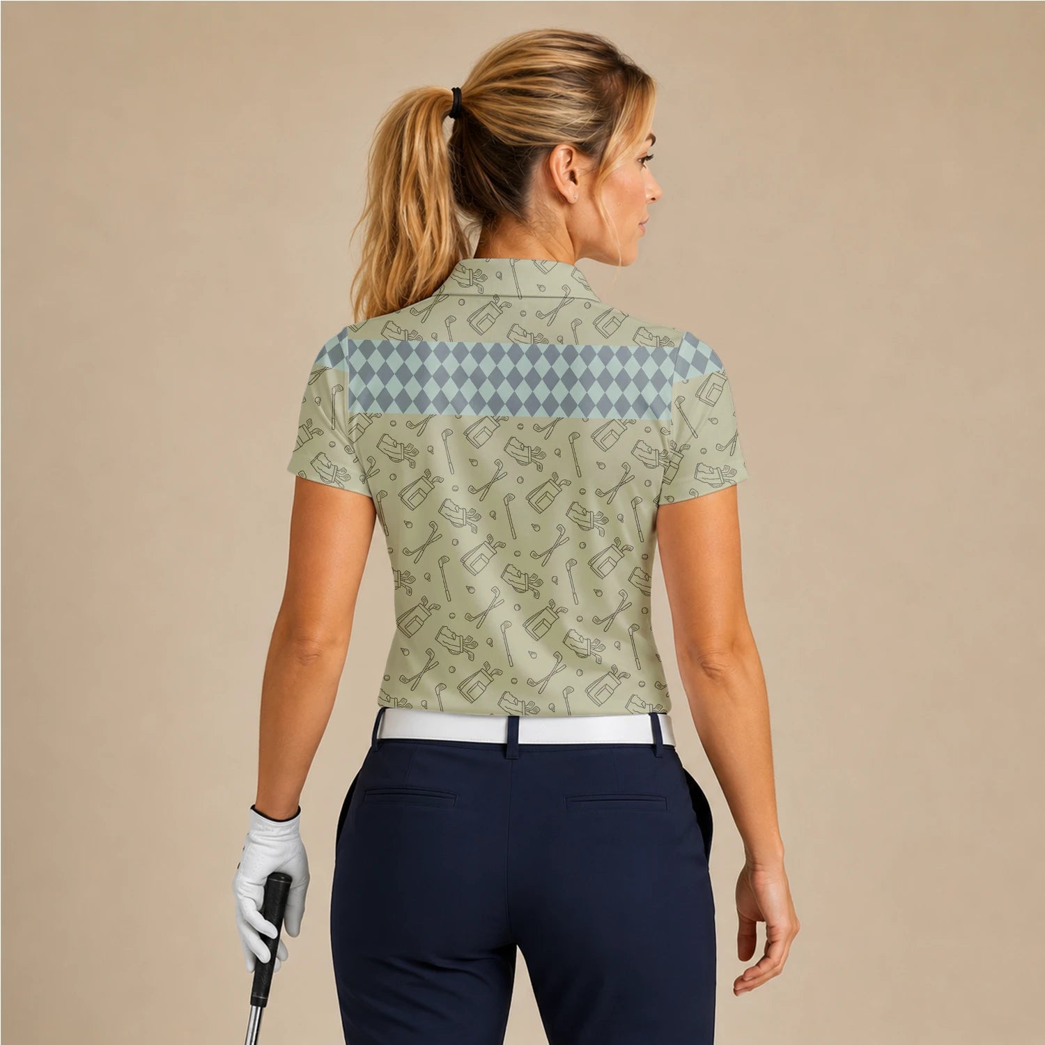 Personalised Khaki Golf Club Sketch Argyle Golf Polo Shirt For Women K5983