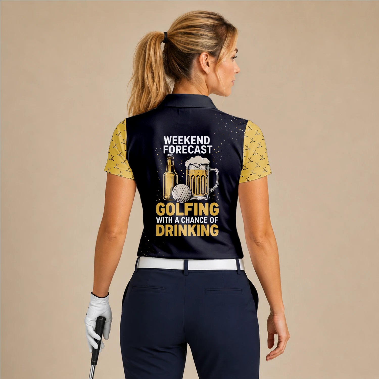 Personalised Black Gold Golf Club Pattern Stripe Golf Polo Shirt For Women B5489