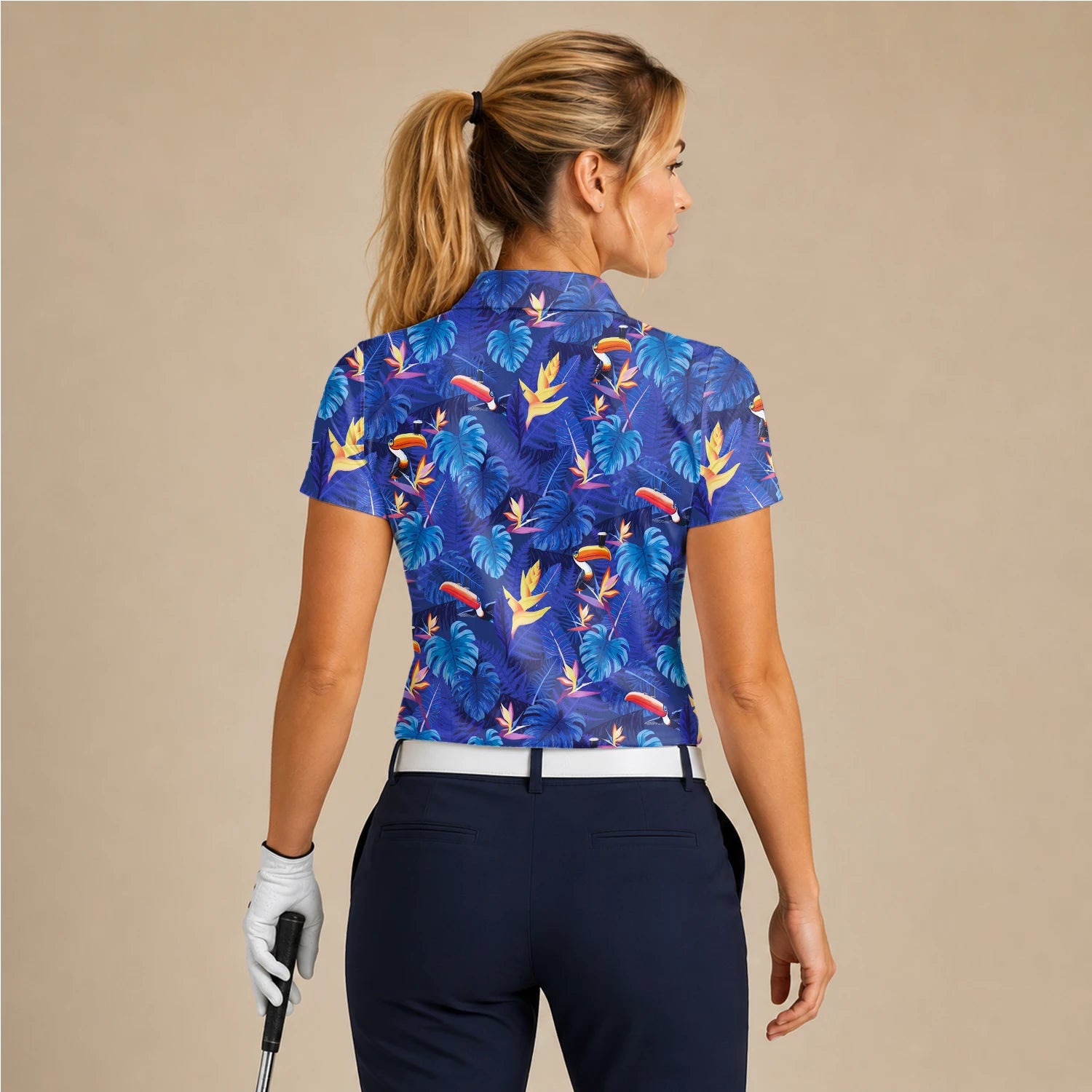 Personalised Navy Blue Tropical Toucan Leaf Golf Polo Shirt For Women S1836