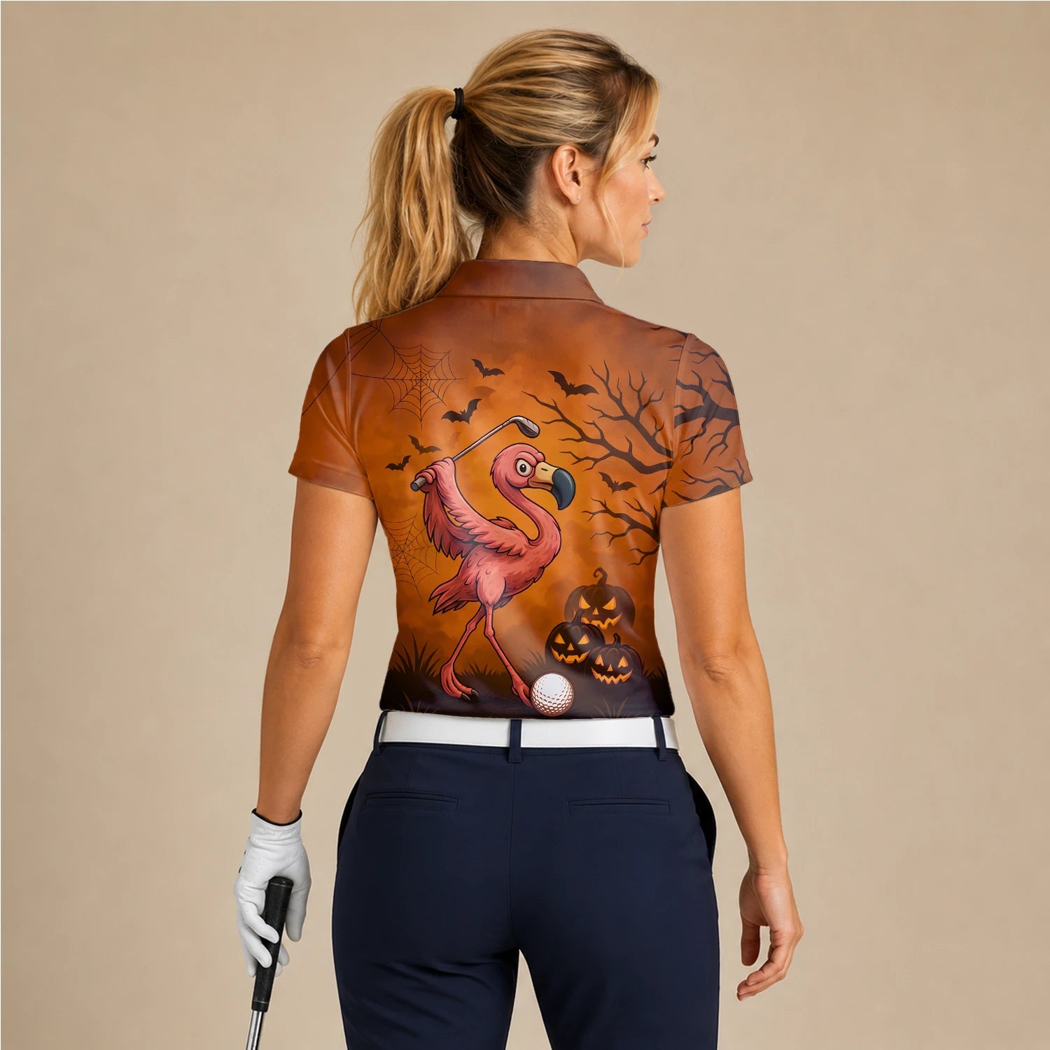 Personalised Orange Halloween Flamingo Golfer Pumpkin Golf Polo Shirt For Women V7072
