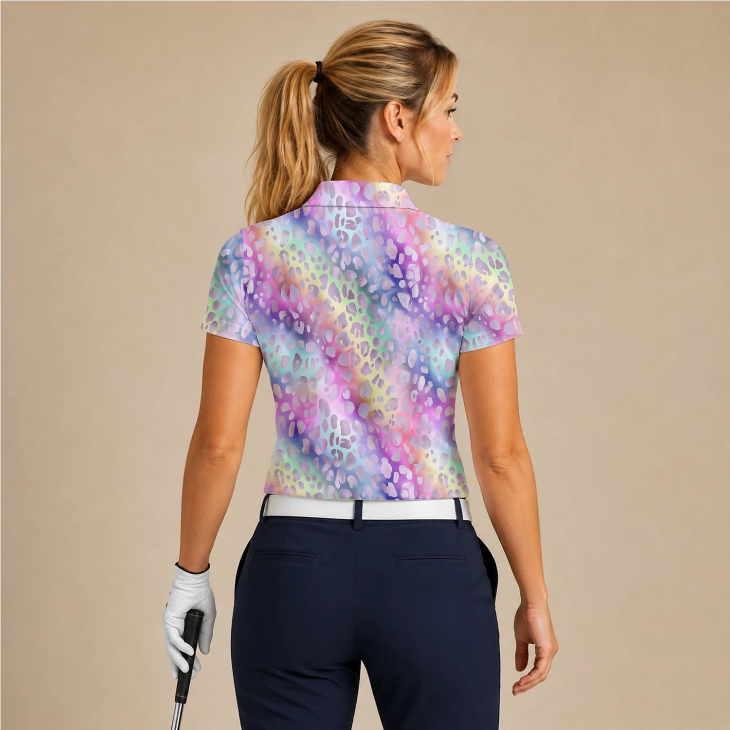 Personalised Pastel Rainbow Leopard Print Golf Polo Shirt For Women E5373