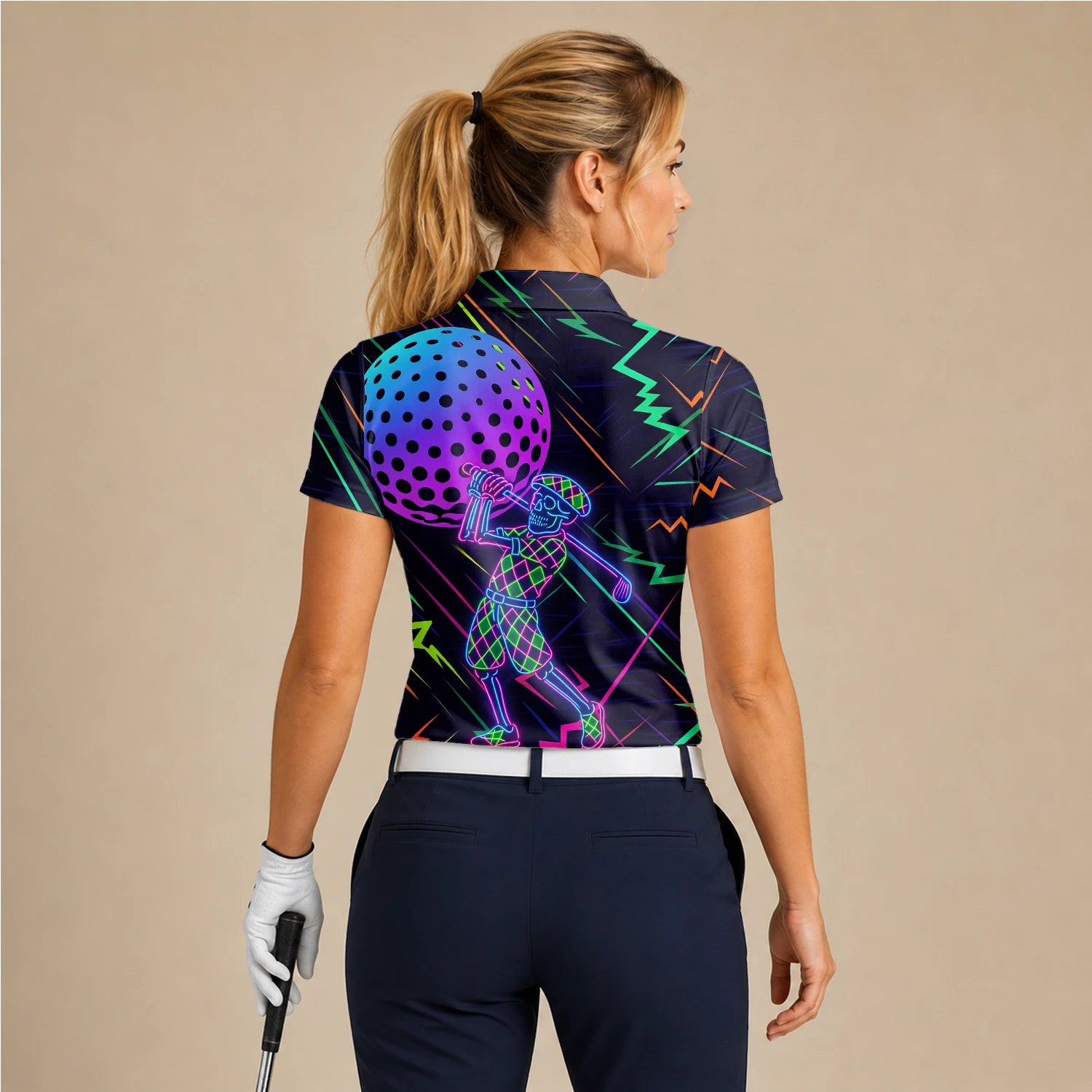 Personalised Black Neon Golfer Wireframe Golf Polo Shirt For Women L1481