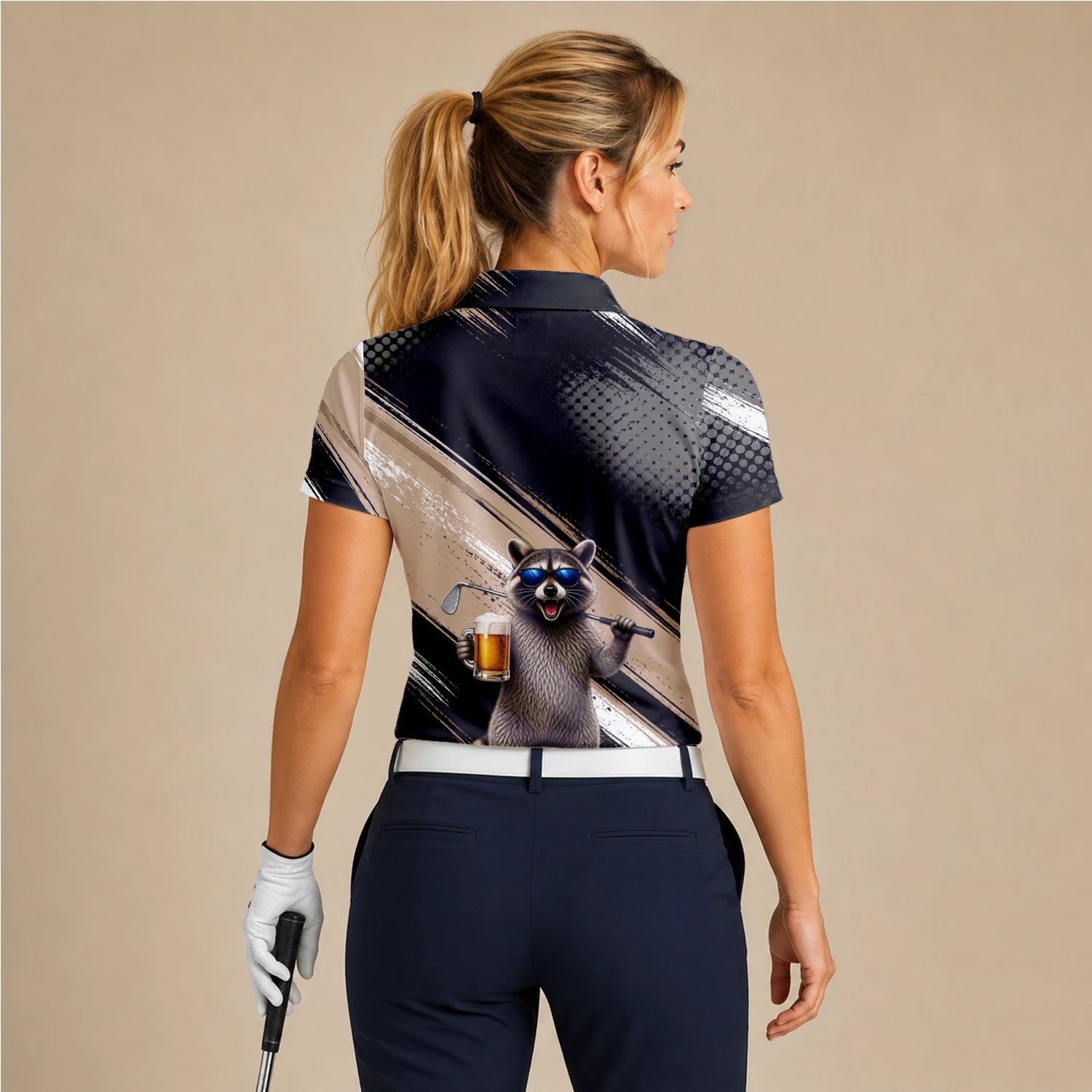 Personalised Black Beige Raccoon Beer Golfer Cartoon Golf Polo Shirt For Women K7921