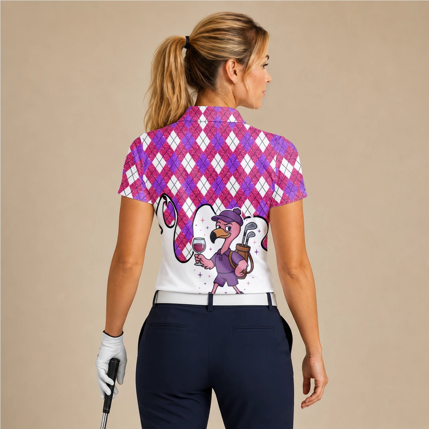 Personalised Pink Purple Argyle Ostrich Golfer Cartoon Golf Polo Shirt For Women D7000