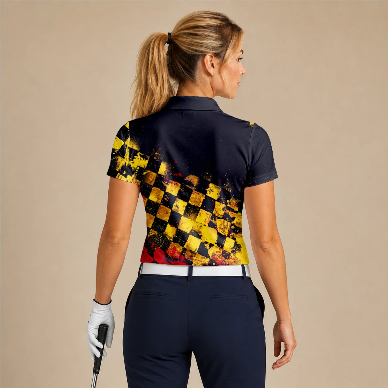 Personalised Black Yellow Red Grunge Checkerboard Golf Polo Shirt For Women R0396