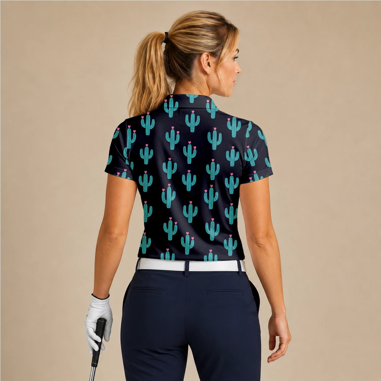 Personalised Black Turquoise Cactus Heart Golf Polo Shirt For Women L0709
