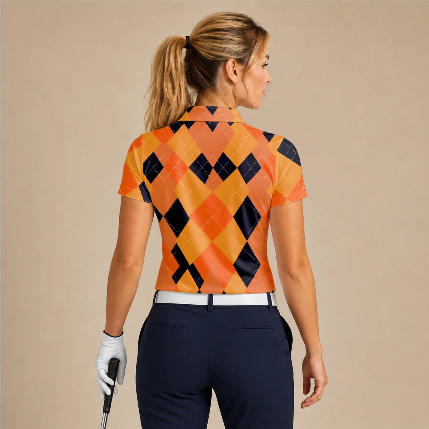 Personalised Orange Black Argyle Diamond Golf Polo Shirt For Women C4203