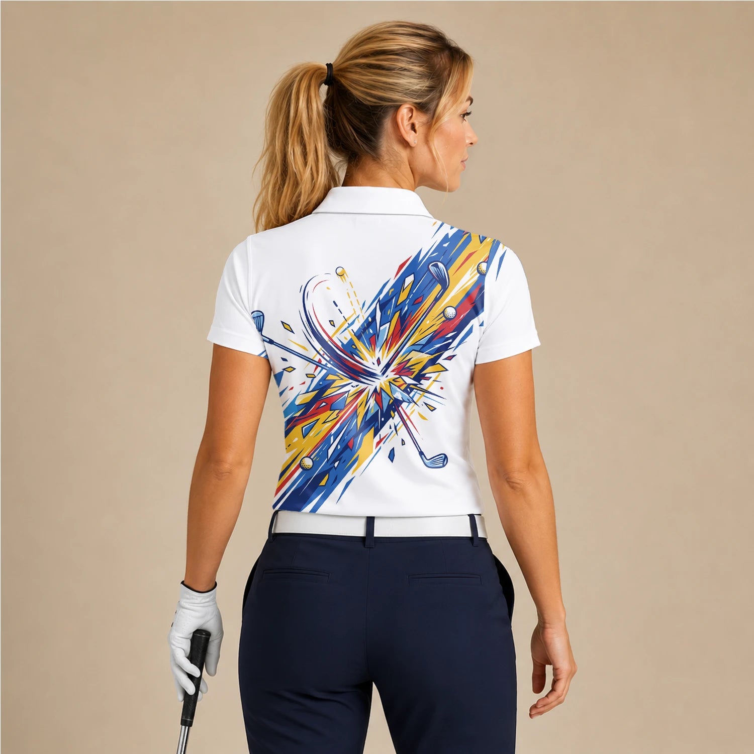 Personalised White Blue Abstract Golf Swing Burst Golf Polo Shirt For Women B2869