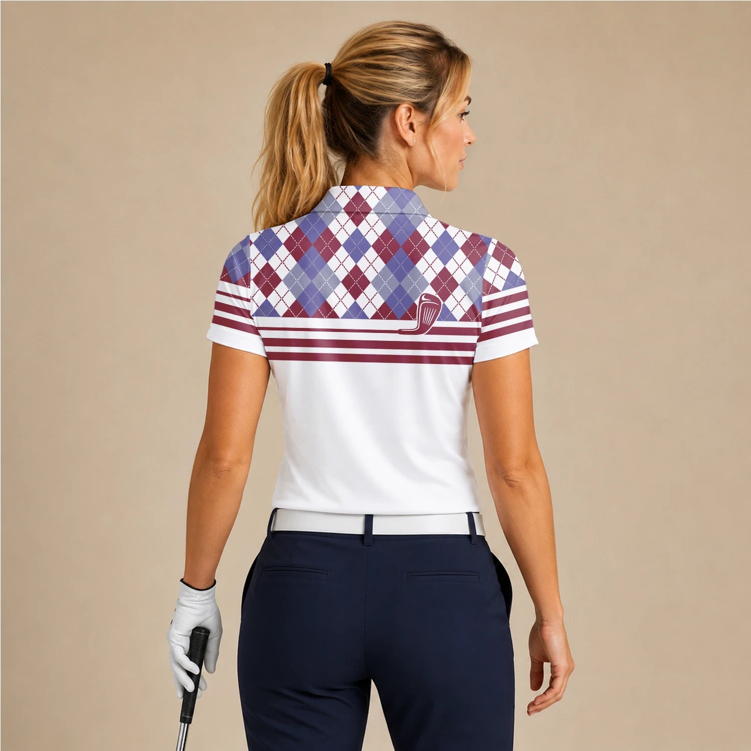 Personalised White Burgundy Argyle Golf Club Stripe Golf Polo Shirt For Women K9019