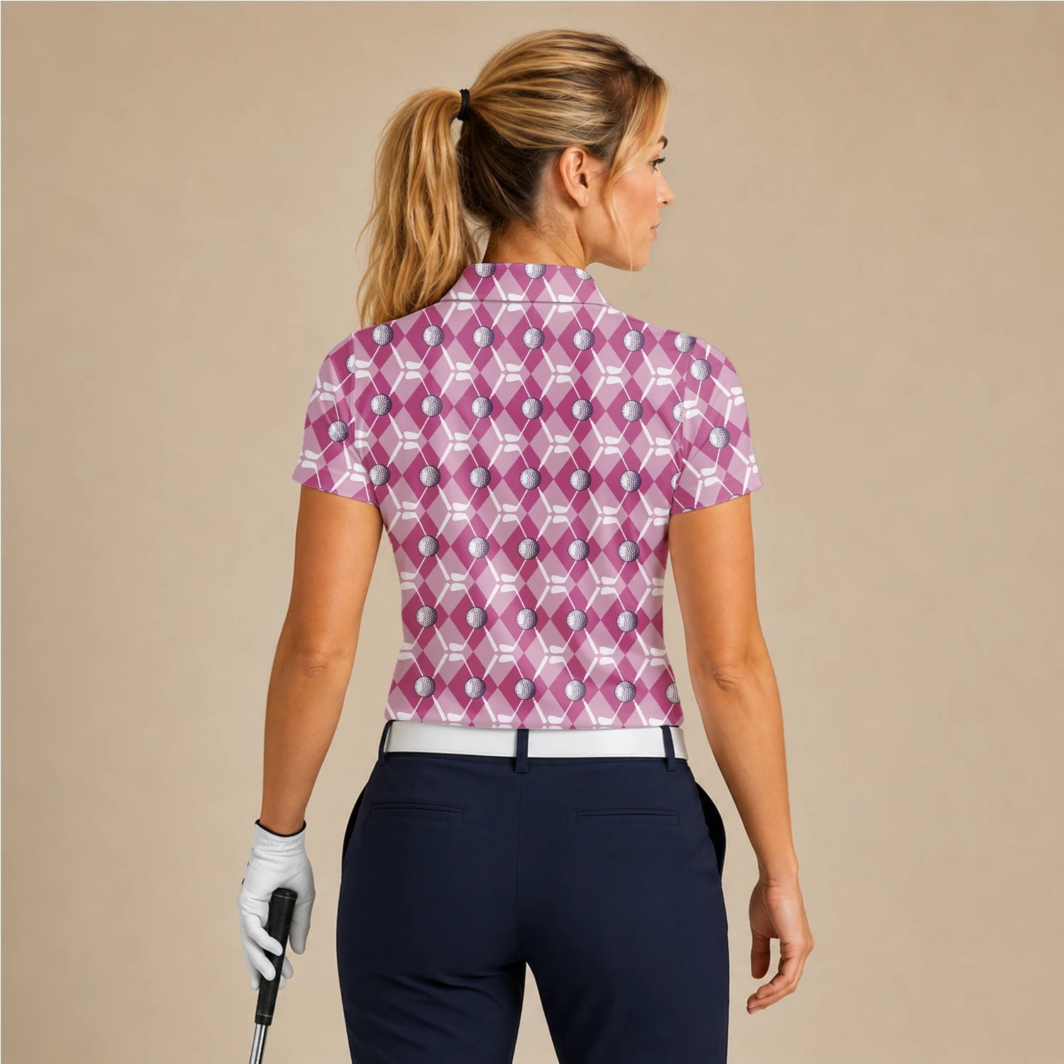 Personalised Pink Argyle Golf Ball Golf Polo Shirt For Women X0000