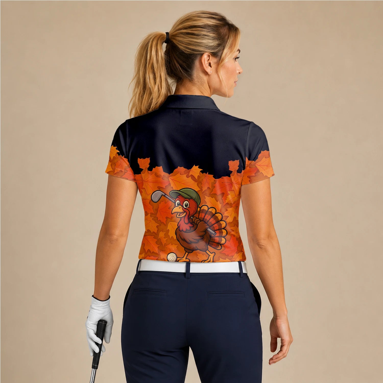 Personalised Black Orange Thanksgiving Turkey Golfer Golf Polo Shirt For Women W0964