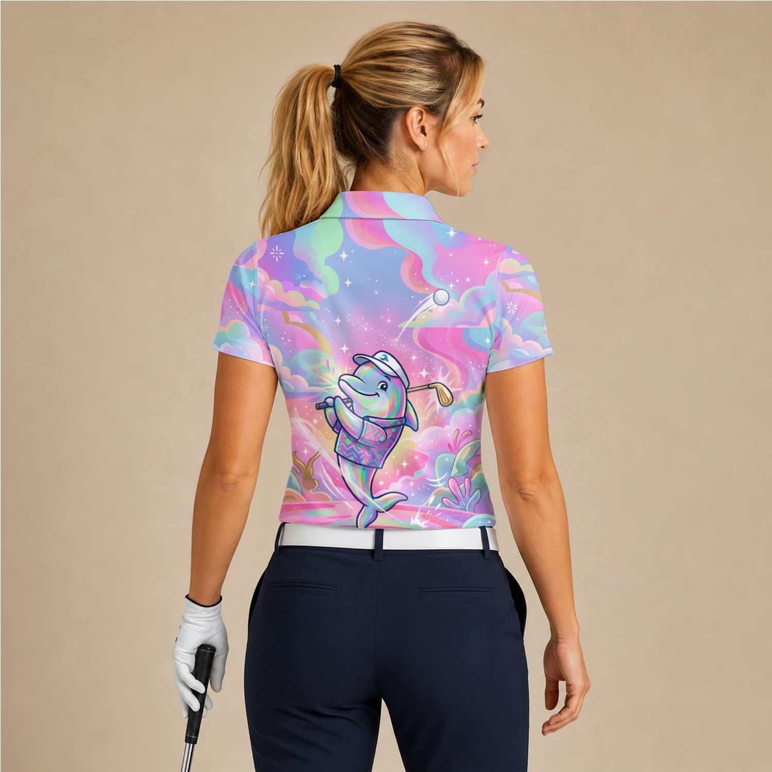 Personalised Pastel Rainbow Dolphin Golfer Cartoon Golf Polo Shirt For Women L3862