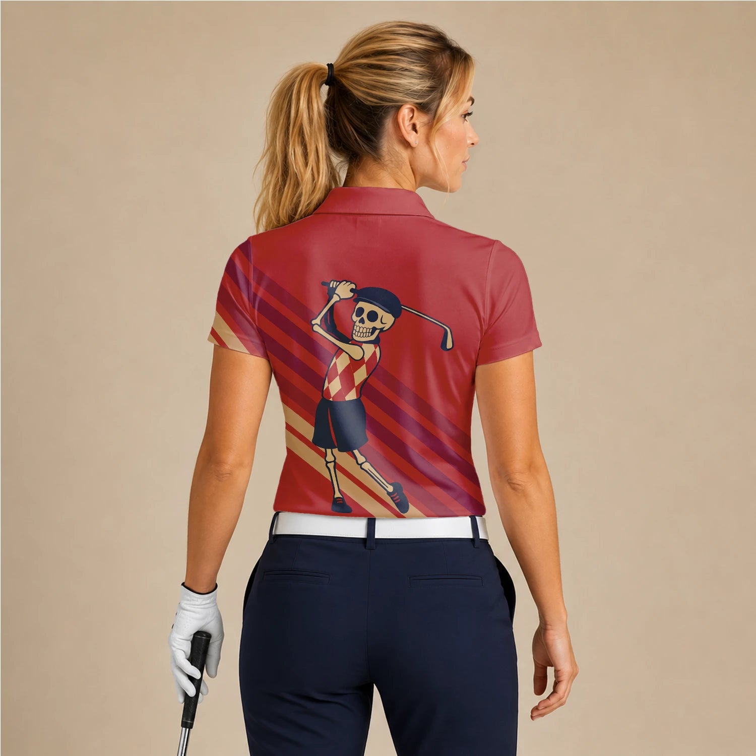 Personalised Red Skeleton Golfer Cartoon Golf Polo Shirt For Women F3648
