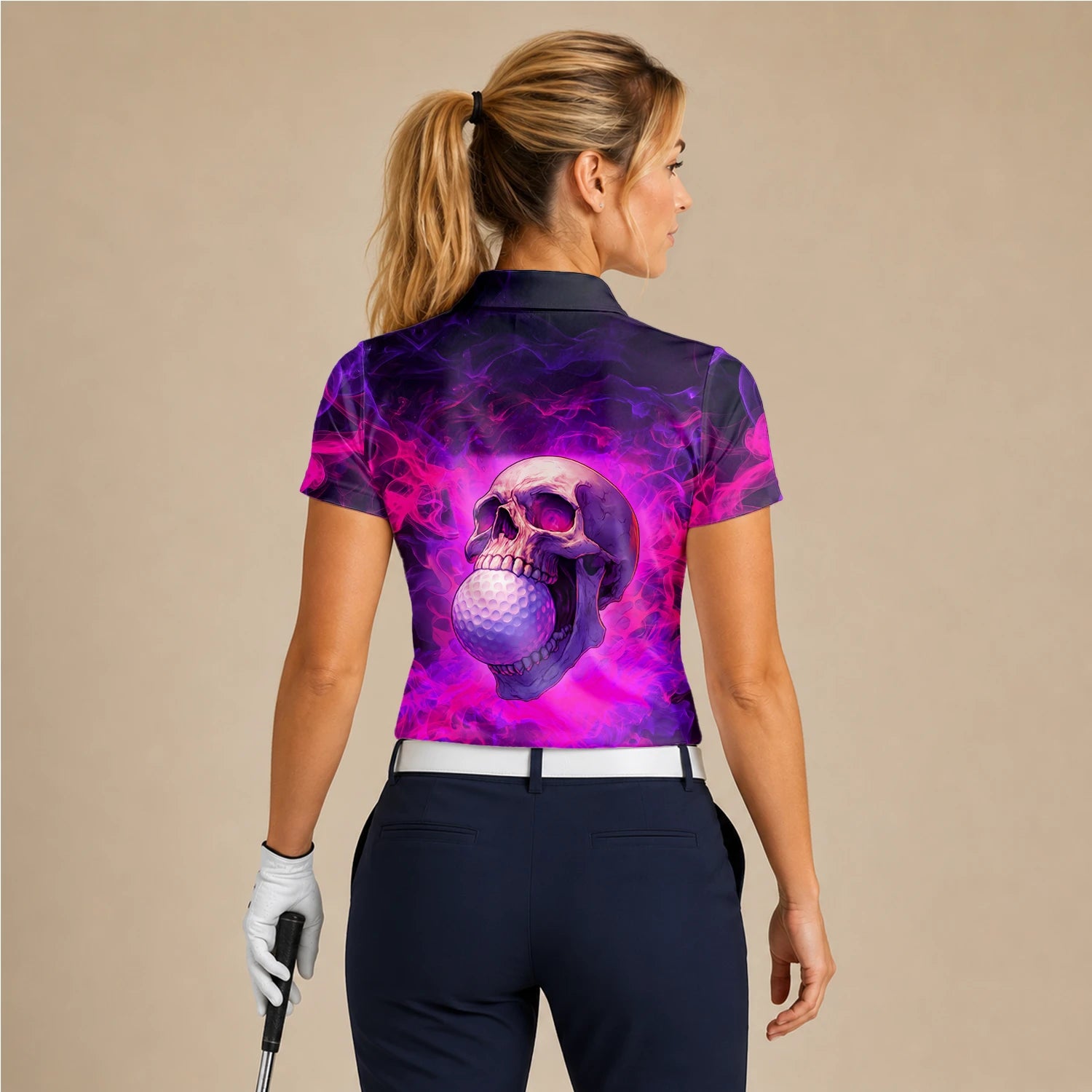 Personalised Purple Pink Skull Golf Ball Smoke Golf Polo Shirt For Women L7637