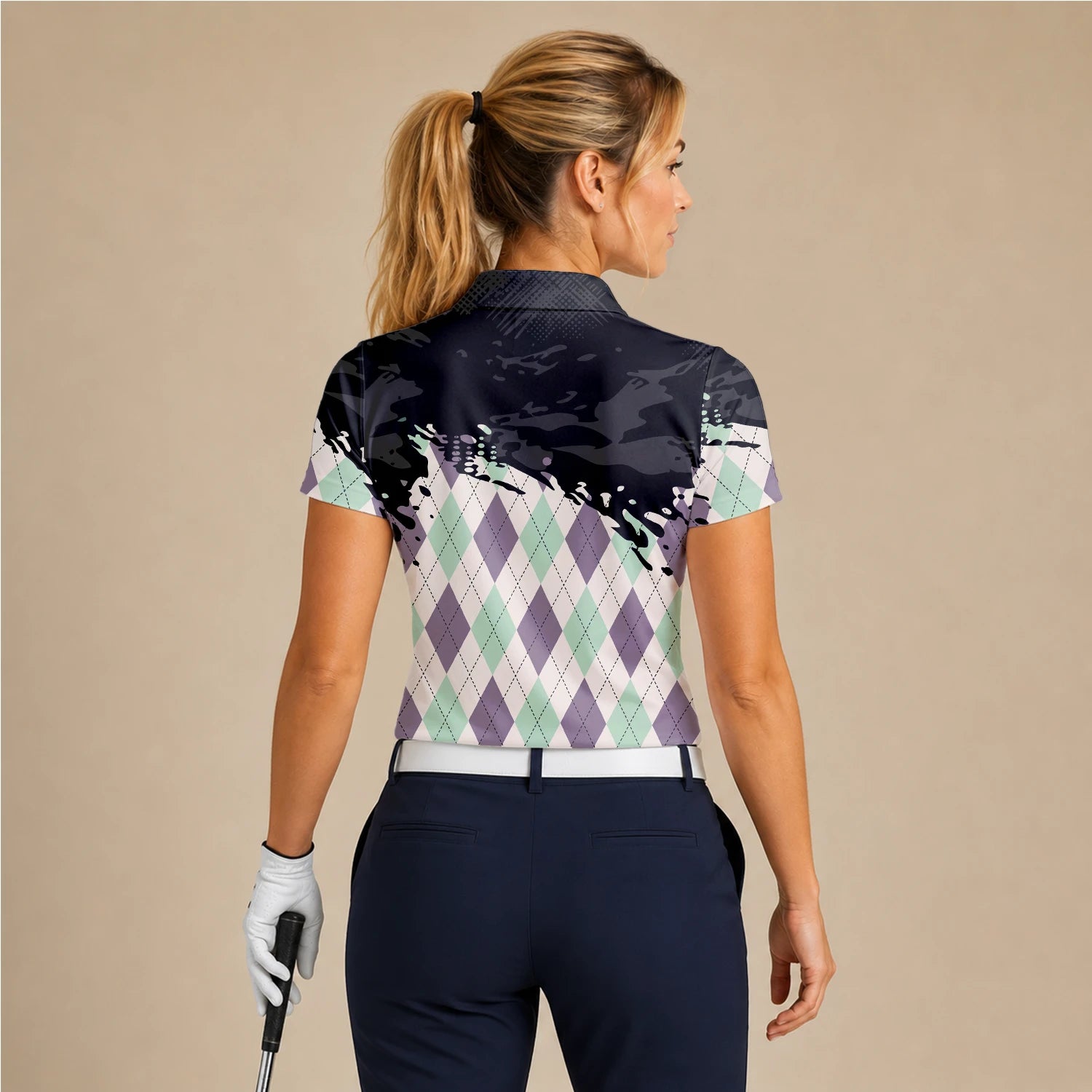 Personalised Black Mint Purple Argyle Paint Splash Golf Polo Shirt For Women C5124