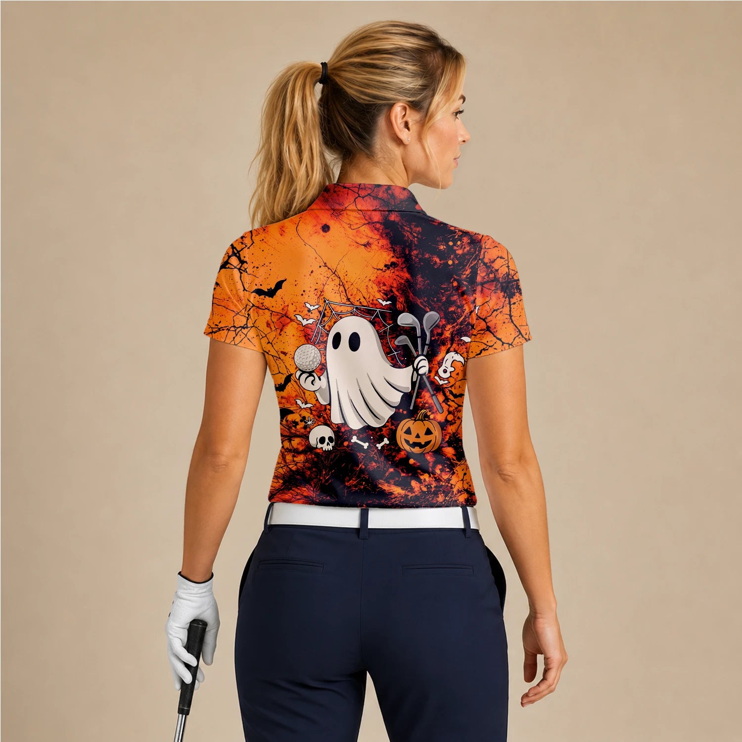 Personalised Orange Halloween Ghost Golfer Golf Polo Shirt For Women M0695