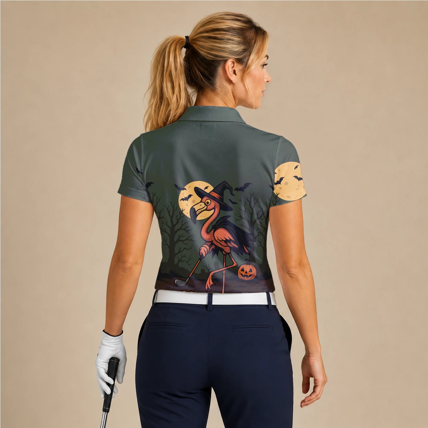 Personalised Olive Halloween Flamingo Witch Golfer Pumpkin Golf Polo Shirt For Women X5811