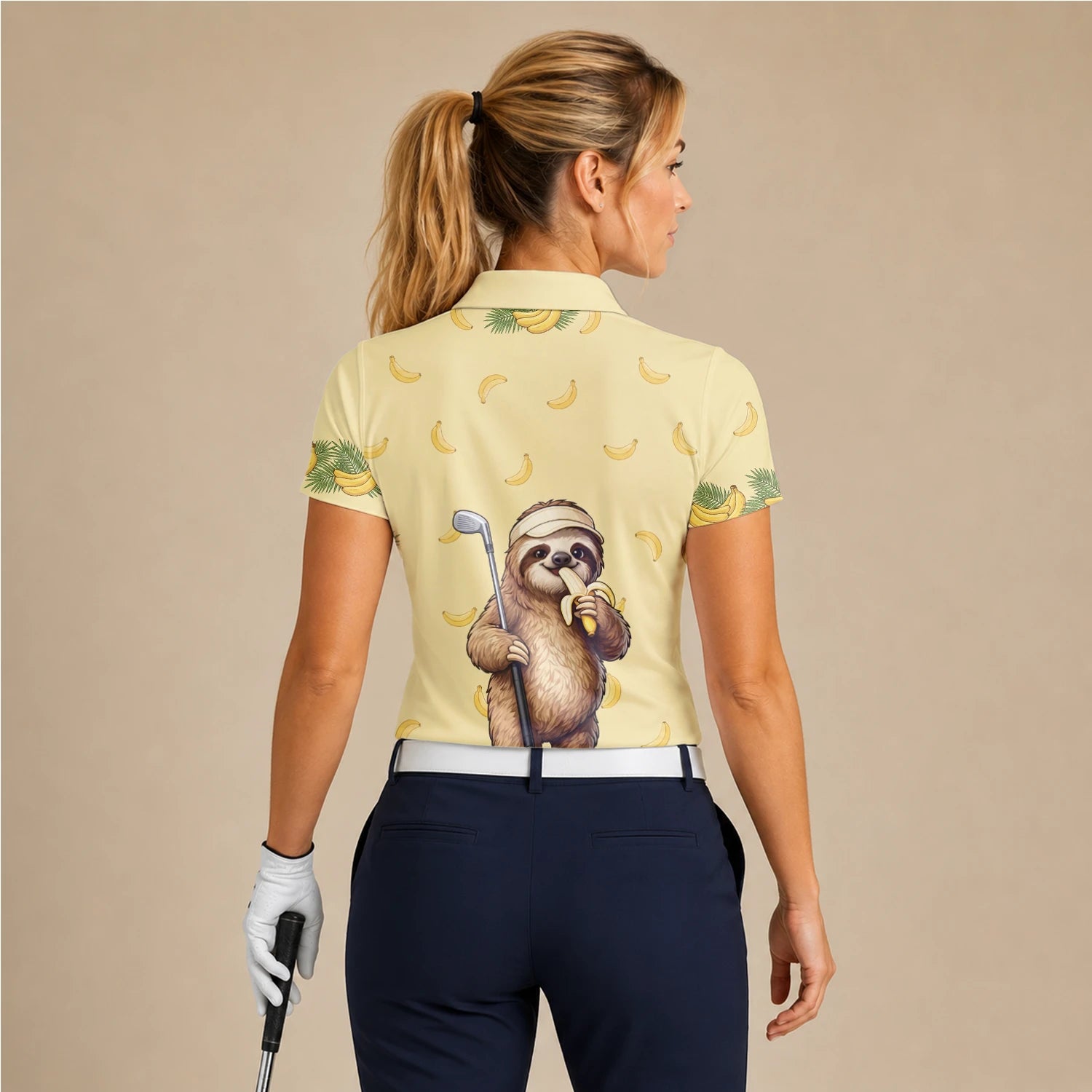 Personalised Pale Yellow Sloth Banana Golfer Cartoon Golf Polo Shirt For Women G3327