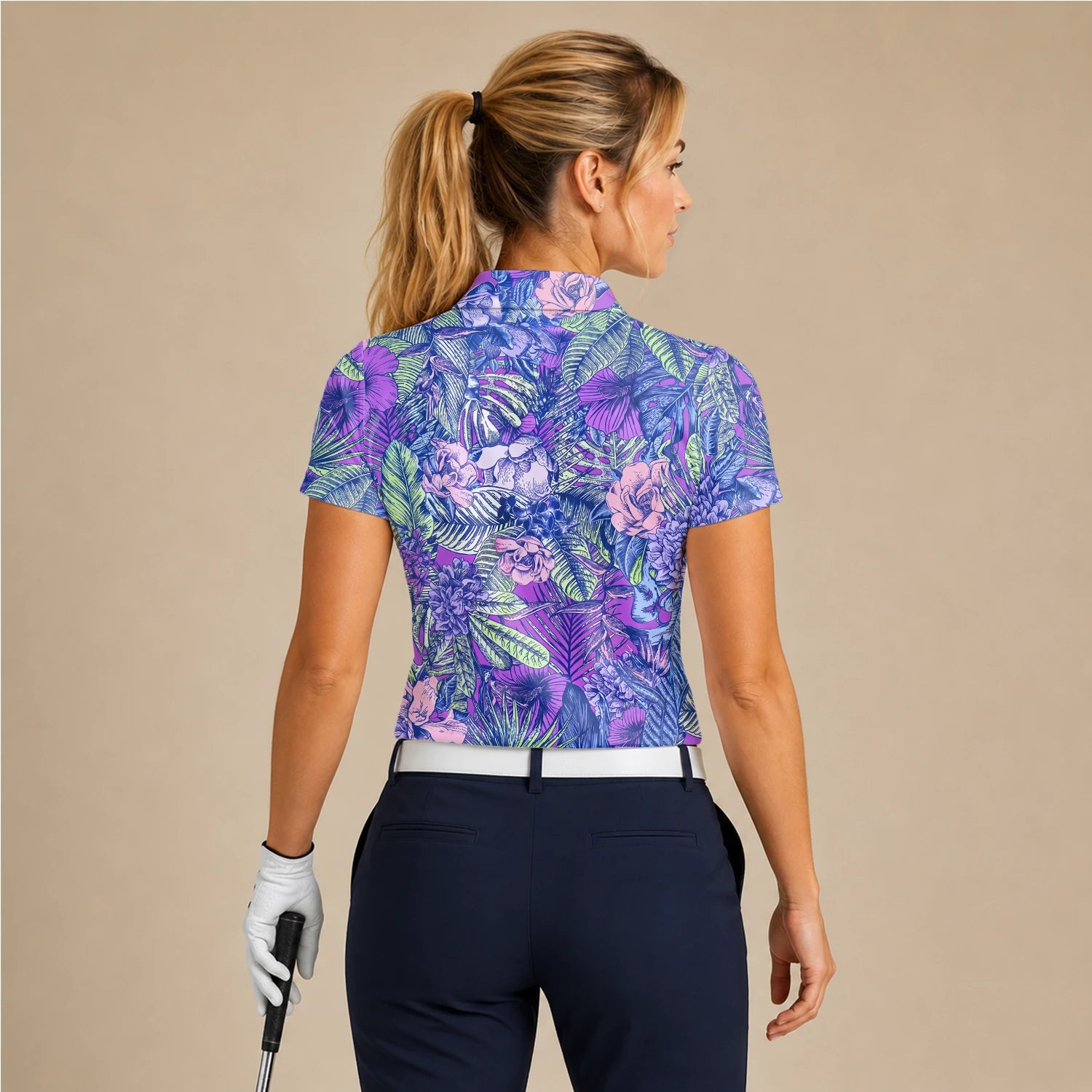 Personalised Purple Blue Tropical Floral Leaf Golf Polo Shirt For Women B8037