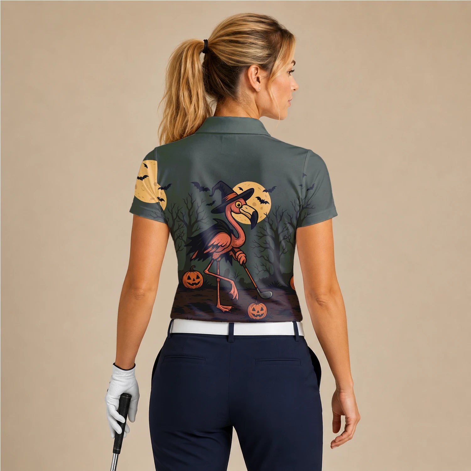 Personalised Olive Halloween Flamingo Witch Golfer Pumpkin Golf Polo Shirt For Women X5811