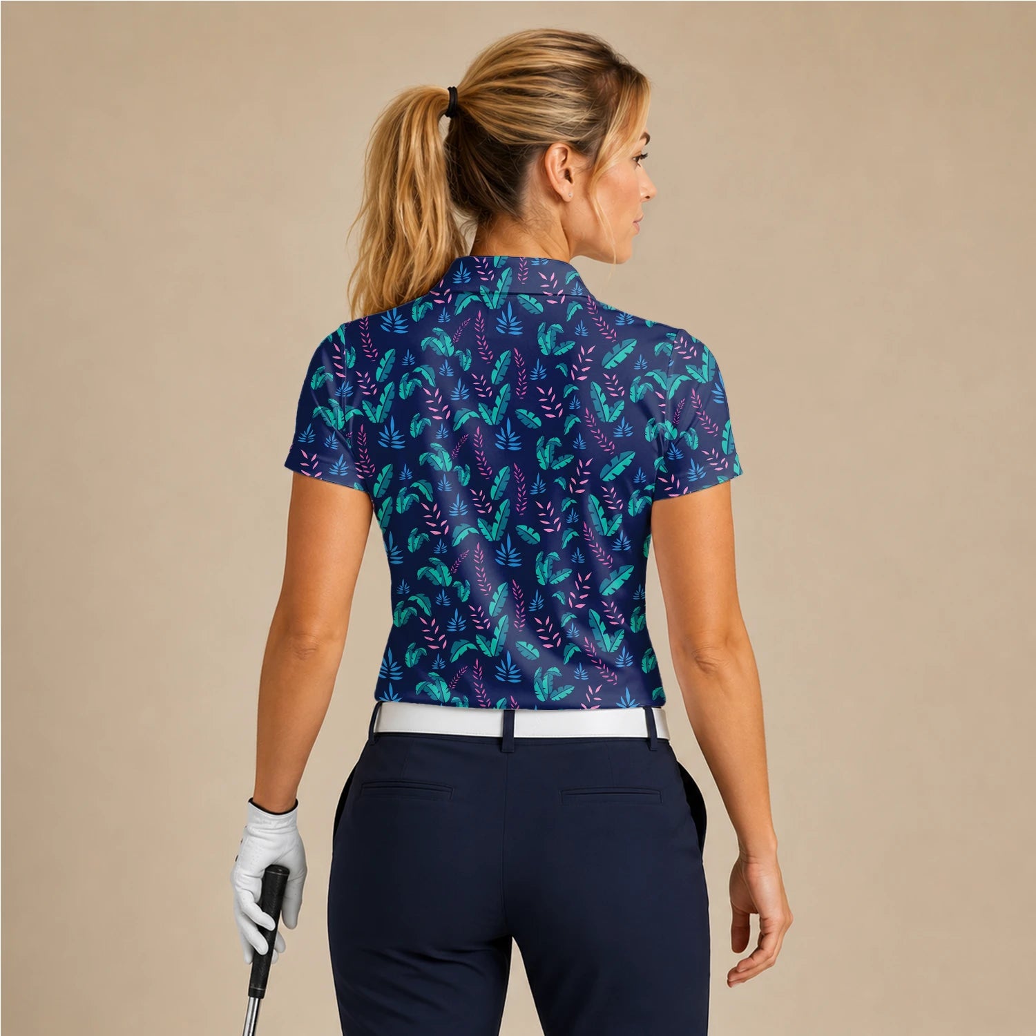 Personalised Navy Teal Tropical Leaf Golf Polo Shirt For Women S8145