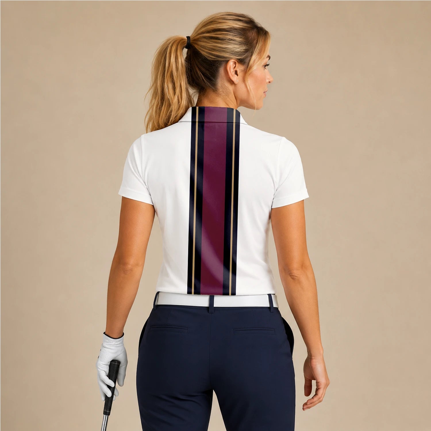 Personalised White Burgundy Black Racing Stripe Golf Polo Shirt For Women G7028