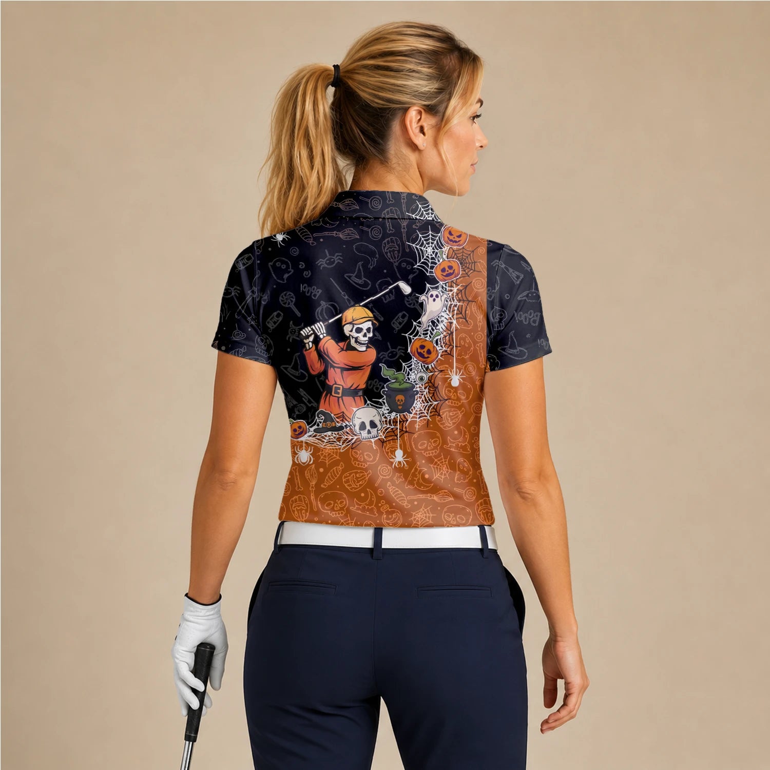 Personalised Black Orange Halloween Skeleton Golfer Web Golf Polo Shirt For Women Y5076