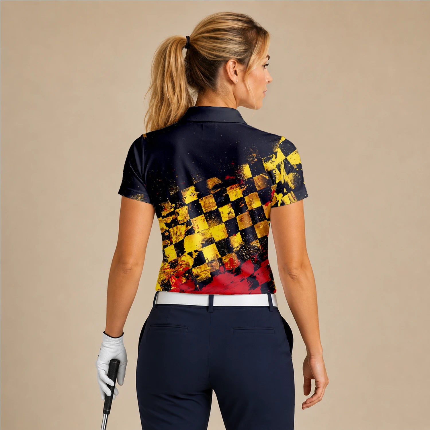 Personalised Black Yellow Red Grunge Checkerboard Golf Polo Shirt For Women R0396
