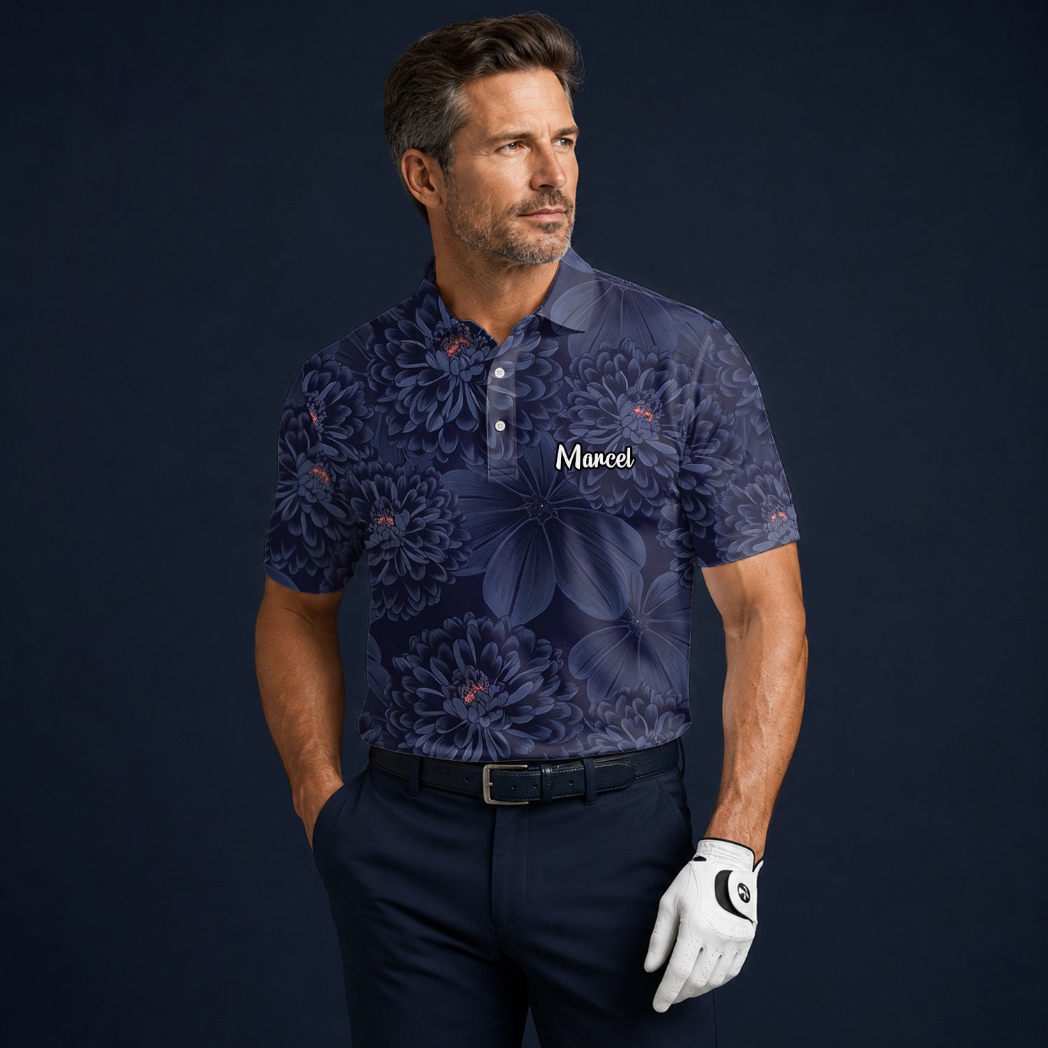 Personalised Dark Navy Chrysanthemum Floral Golf Polo Shirt For Men A0086