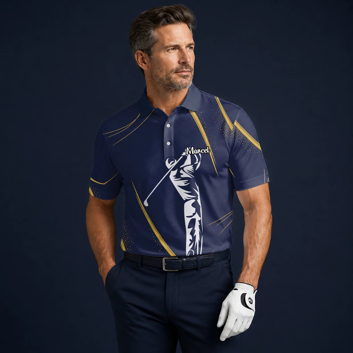 Personalised Navy Gold Golfer Swing Silhouette Golf Polo Shirt For Men A1639