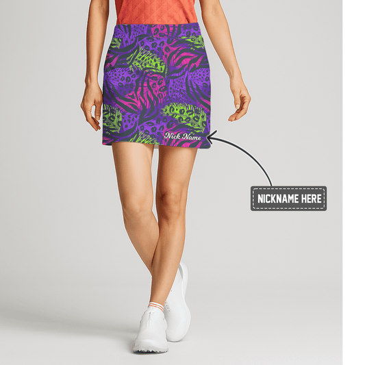 Personalized Women's Vibrant Purple Neon Animal Print Golf Skort A8642 main image - S
