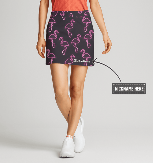 Personalized Dark Grey Neon Pink Flamingo Tropical Print Women's Golf Skort P2649 main image - S