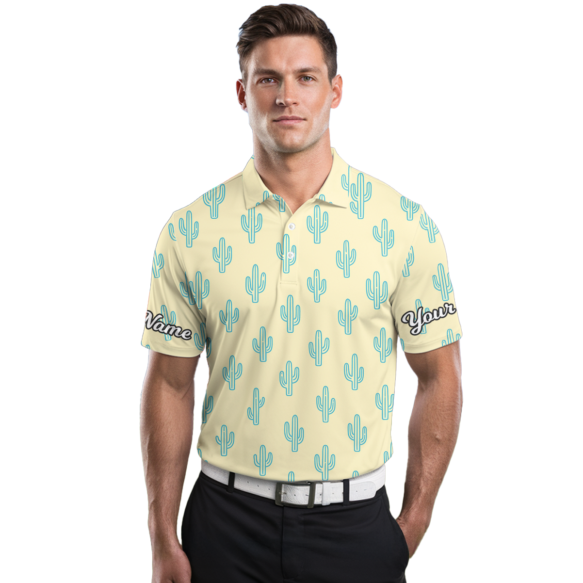 Custom Name Cactus Golf Polo Shirt Men Yellow Blue Z4732 additional image 3