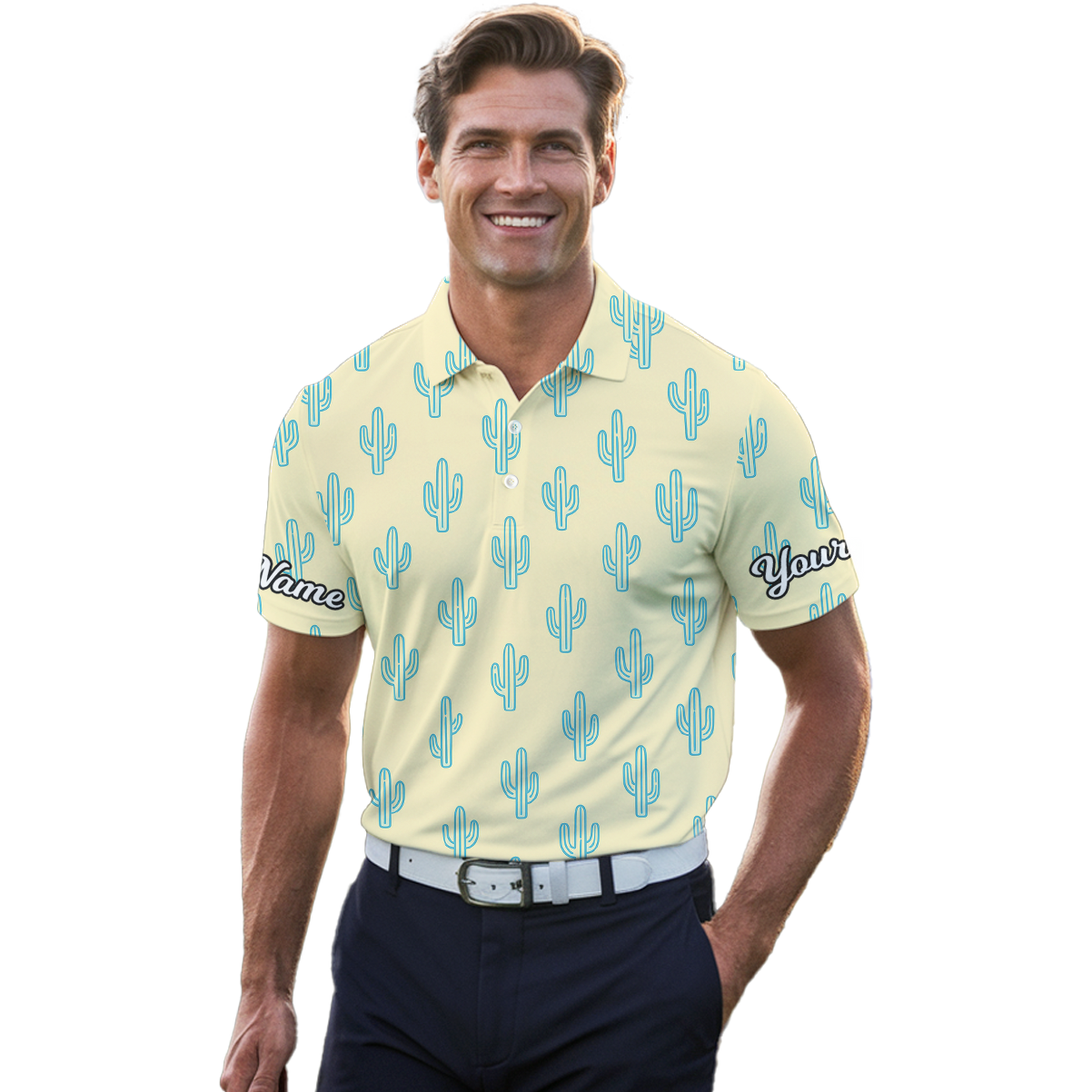 Custom Name Cactus Golf Polo Shirt Men Yellow Blue Z4732 additional image 4