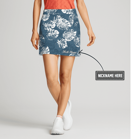 Personalized Blue & White Tropical Leaf Print Women's Golf Skort F8969 main image - S