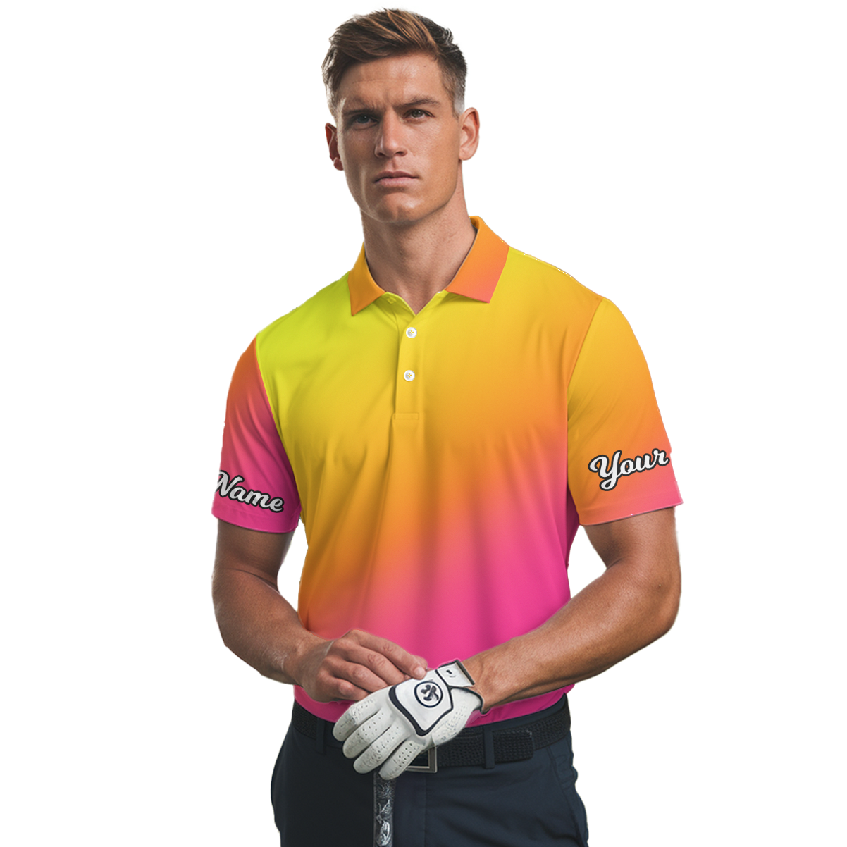 Personalized Yellow Orange Pink Gradient Ombre Golf Polo Shirt for Men X1478 additional image 2