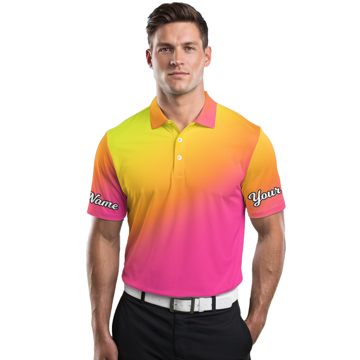 Personalized Yellow Orange Pink Gradient Ombre Golf Polo Shirt for Men X1478 additional image 3